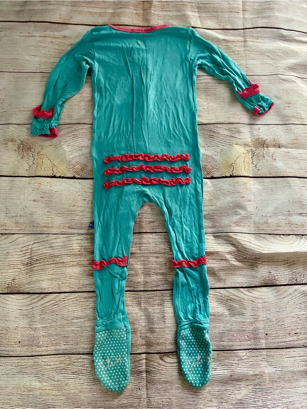 Kickee Pants Turquoise Footed One-Piece with Pink Trim